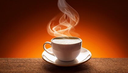 national cappuccino day with hot caffeine idea steaming cup of coffee against a warm orange background