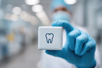 Dentist with gloved hand presents gift box featuring tooth symbol in clinical setting