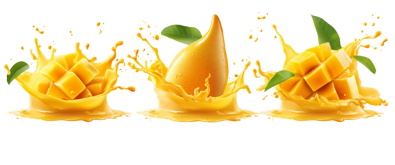 Set of fresh mango fruits with splashing juice on transparent background, cutout