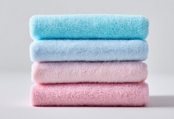 Stack of pastel-colored towels.  Four folded towels in shades of light blue, light lavender, and light pink stacked vertically against a plain gray background.  Soft texture is visible