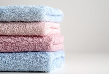 A stack of three soft towels in pastel colors.  Stacked towels, light, pastel shades, soft texture, folded neatly.  A light background