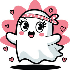 An adorable illustration of a cheerful ghost with a cute expression, wearing a pink headband and surrounded by playful hearts. This charming design is perfect for Halloween-themed projects, children's