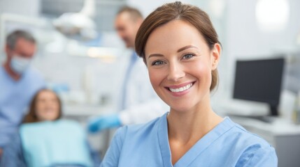 A dental professional smiles warmly in a well-equipped clinic while interacting with patients. The atmosphere is friendly, showcasing a commitment to quality dental care.