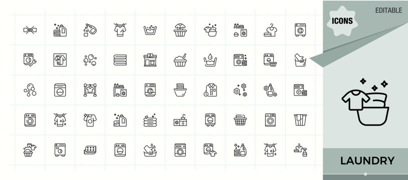 Laundry line icon set. Contain linear sign clothing, clothes, dry, washer and more. Cleaning icon set. Minimalist editable vector stroke. Editable stroke. Vector illustration.