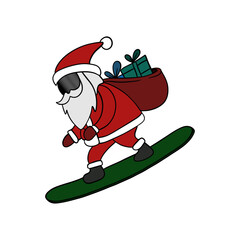 Christmas time eve. Santa Claus on snowboard with gift bag. Snowboarding in wintertime holidays. Festive fun and cute element collection 