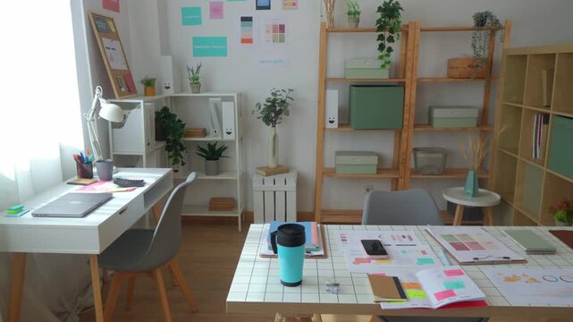 Modern home office with nobody in a split screen video