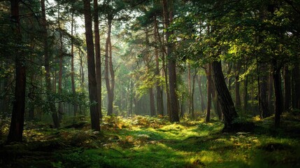 Naklejka premium autumn forest trees nature green wood sunlight backgrounds no logos no brands ar 169