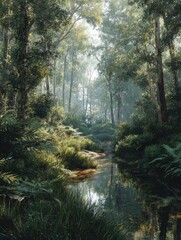 Obraz premium environmental justice represented by a tranquil forest scene where diverse flora thrives in a protected wilderness area signifying conservation and biodiversity photography style