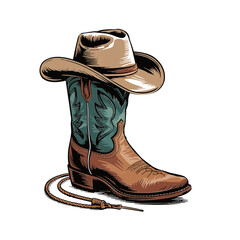 Vector Illustration Frame from rope lasso with cowboy boots and hat in color. Design element for sign, poster, card, banner