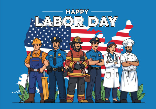 Adobe Illustrator Artwork of honoring the American workforce this USA Labor Day. A diverse group of essential workers stand united before a patriotic American flag map, symbolizing national pride - Powered by Adobe