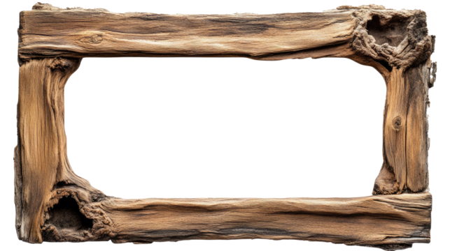 Rustic wooden frame with natural textures on a white background ideal for showcasing photographs or artwork featuring a unique cut-out design  png