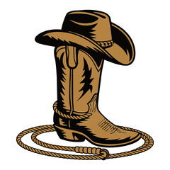 Vector Illustration Frame from rope lasso with cowboy boots and hat in color. Design element for sign, poster, card, banner