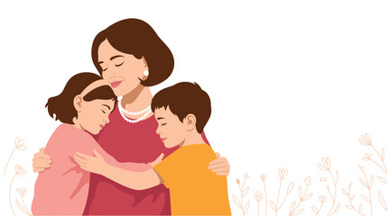  Happy Mother Hugging Her Children — Warm Family Illustration Representing Love, Togetherness, and Emotional Bond in a Wholesome Moment