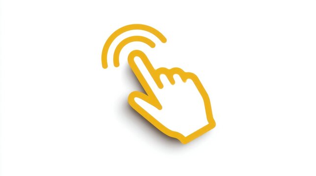 A yellow outline of a hand pressing an interactive screen symbol reflects the concept of digital interaction. The gesture signifies engagement with technology in a modern context.