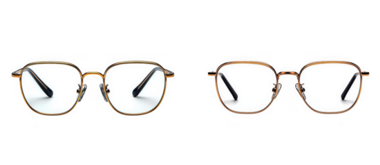 Two pairs of stylish round metal frame glasses are displayed against a transparent background