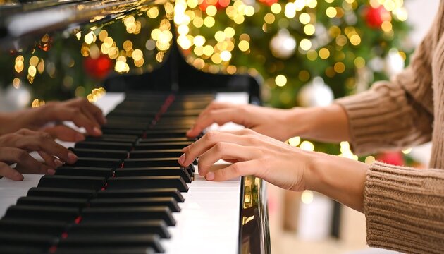 Hands playing piano in front of Christmas tree - Powered by Adobe