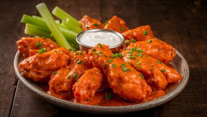 Spicy buffalo chicken wings served with blue cheese and celery sticks