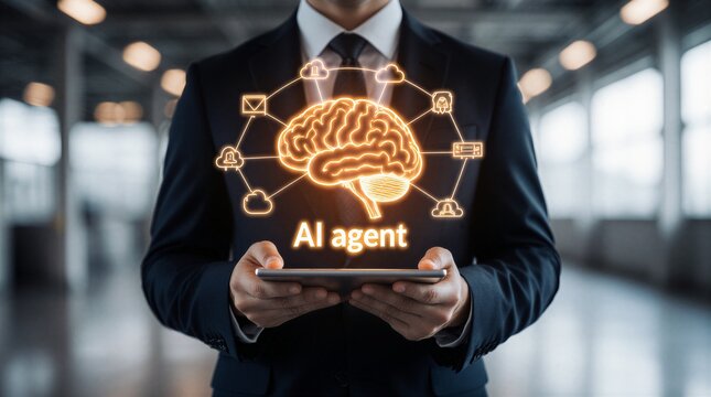 ai agent interacts with futuristic ai brain enhancing business analysis | ai, robotics, technology, innovation, business theme