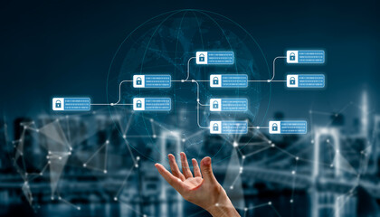 Blockchain structure showing distributed data blocks linked with encryption, representing secure transaction verification, decentralized control, and immutable record system Vouch