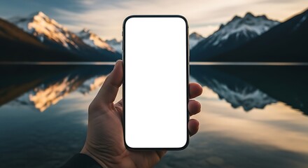 A man in the mountains holds a smartphone with a blank screen, displaying wireless technology and communication