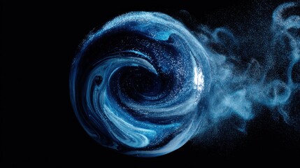A mesmerizing display of swirling blue liquid forms a dynamic vortex against a black background, capturing the beauty of fluid motion and light interaction.