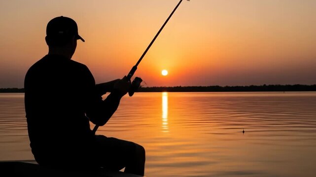 Sunset fishing serenity: silhouette angler casting at dusk by tranquil waters