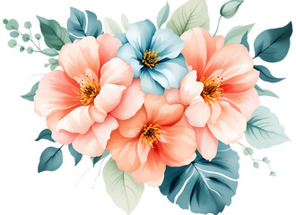 Obraz premium Watercolor floral arrangement with peach and blue flowers Isolated on transparent background