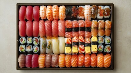 Assorted Sushi Platter with Various Ingredients and Presentation