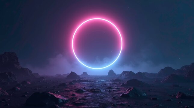 A vibrant 3D cosmic landscape features a glowing portal and dynamic lasers in a dark, rugged setting. ai generative - Powered by Adobe