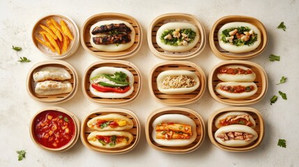 Delicious Array of Steamed Buns and Sauces on Wooden Trays