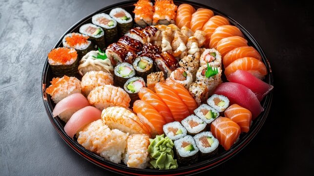 Assorted Sushi Platter with Various Types of Fresh Fish and Rolls