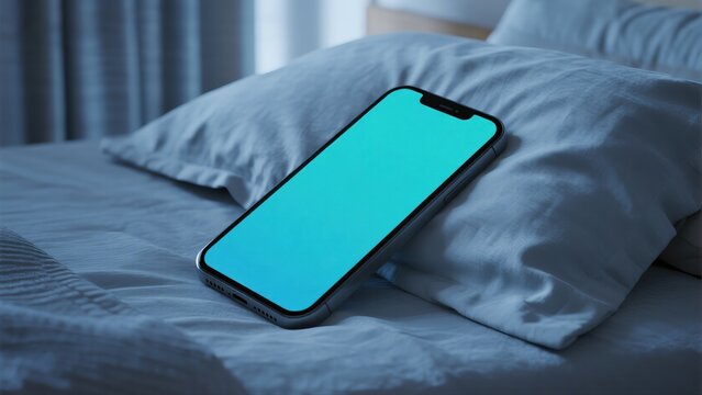 A smartphone with a glowing turquoise screen rests on a pillow in a dark bedroom. A mockup that can represent bedtime phone use, sleep apps, or screen addiction.