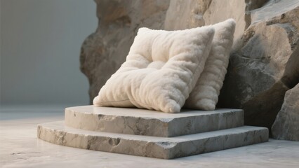 Two soft white cushions are beautifully stacked on a rough marble podium, set against a rock cliff background. A blend of comfort and natural luxury.