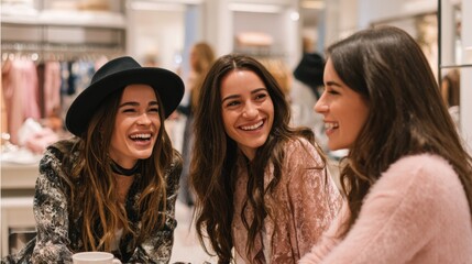 Three friends laugh and chat while seated at a trendy clothing store. They are trying on outfits, enjoying each other's company, and sharing smiles, creating a vibrant atmosphere.