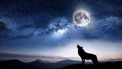 Obraz premium night sky with wolf and moon