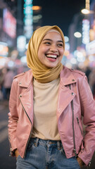 Fototapeta premium Malay Muslim women in hijab pose for street photography in the city