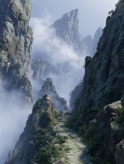 narrow mountain path winding through jagged cliffs to a majestic summit shrouded in mist adventure and exploration concept