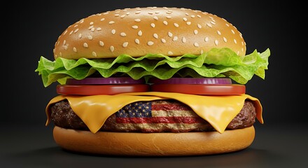 Delicious Double Cheeseburger on Wooden Board Burger with Lettuce, Cheese, and Sesame Bun