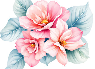 Fototapeta premium Watercolor pink floral arrangement with blue leaves, isolated on a transparent background.