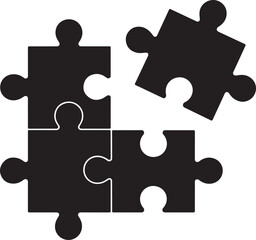 Four black puzzle pieces arranged with one piece separate in a silhouette style
