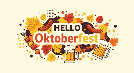 Fototapeta premium Adobe Illustrator Artwork A cheerful wallpaper, flat illustration for the Oktoberfest Beer Festival, featuring traditional beer mugs, sausages, and autumn foliage