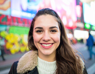 A teenager stands in a bustling city street, smiling with bright eyes. Colorful billboards and graffiti add energy to the background, showcasing a lively atmosphere.