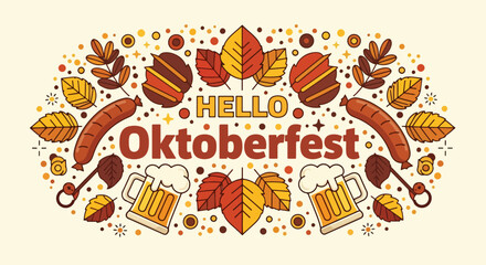 Adobe Illustrator Artwork A cheerful wallpaper, flat illustration for the Oktoberfest Beer Festival, featuring traditional beer mugs, sausages, and autumn foliage