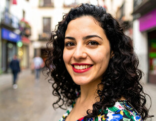 A cheerful teenager with curly hair smiles brightly while standing in a lively street. Colorful buildings and people walking in the background create a vibrant urban atmosphere.
