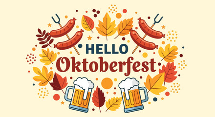 Adobe Illustrator Artwork A cheerful wallpaper, flat illustration for the Oktoberfest Beer Festival, featuring traditional beer mugs, sausages, and autumn foliage