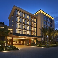 Modern luxury hotel entrance at dusk with warm interior lighting and lush landscaping