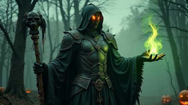 A mysterious dark sorcerer with glowing eyes casts eerie green magic in a haunted forest filled with spooky jacko'lanterns.
