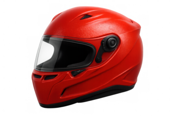 Red motorcycle helmet in studio setting, showcasing protective gear against clean background