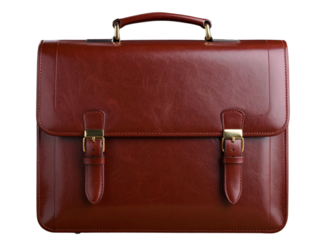 Classic Brown Leather Briefcase, Front View, Transparent Background