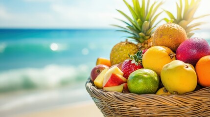 Fresh Tropical Fruits in a Basket by the Beach with Ocean View